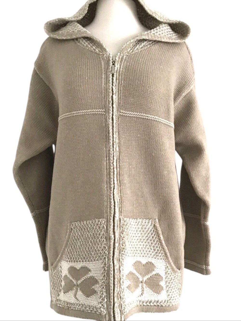Aran Crafts Ireland 100% Merino Wool Full Zip Hooded Cardigan Sweater Clover XL